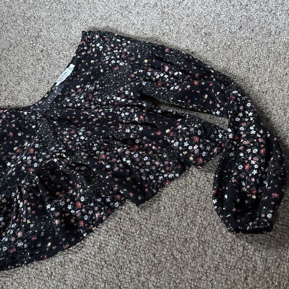 Womens Arizon Jean Co Black Floral Crop Top Long Sleeve Ruffles XS - Picture 3 of 6